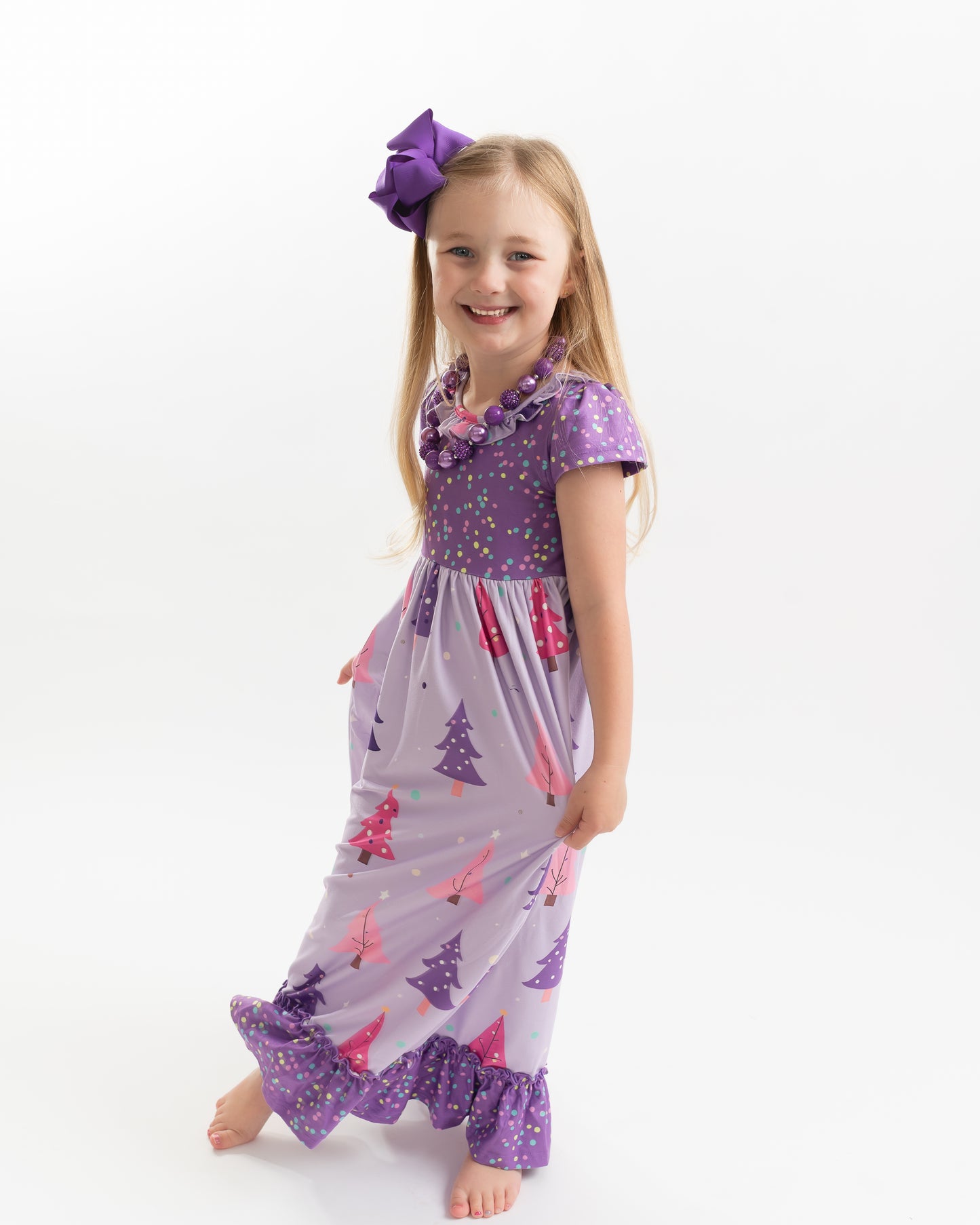 Girls Purple Christmas Tree Holiday Ruffle Lounge Play Gown