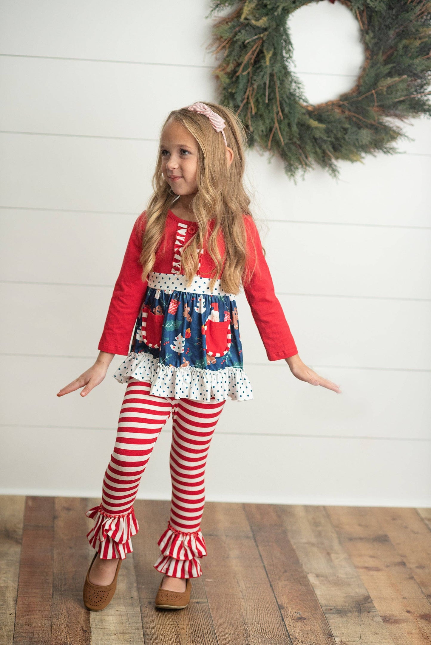 Kids Christmas Holiday Candy Can Stripe Ruffle Pocket Set