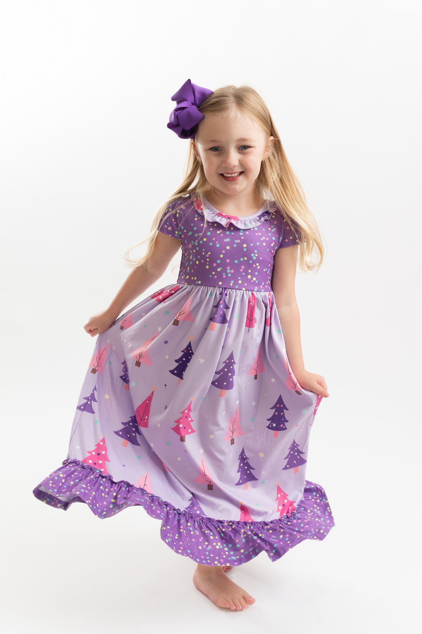 Girls Purple Christmas Tree Holiday Ruffle Lounge Play Gown