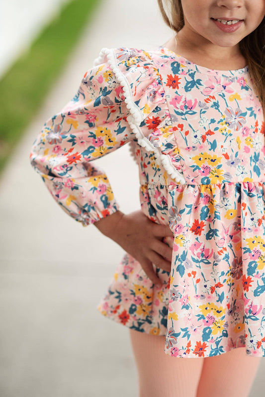 Last One: Girls Peachy Spring Floral Ruffle Two Piece Button Back Set