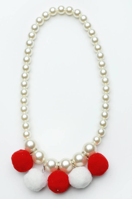 Red and White  Pom Pom Necklace