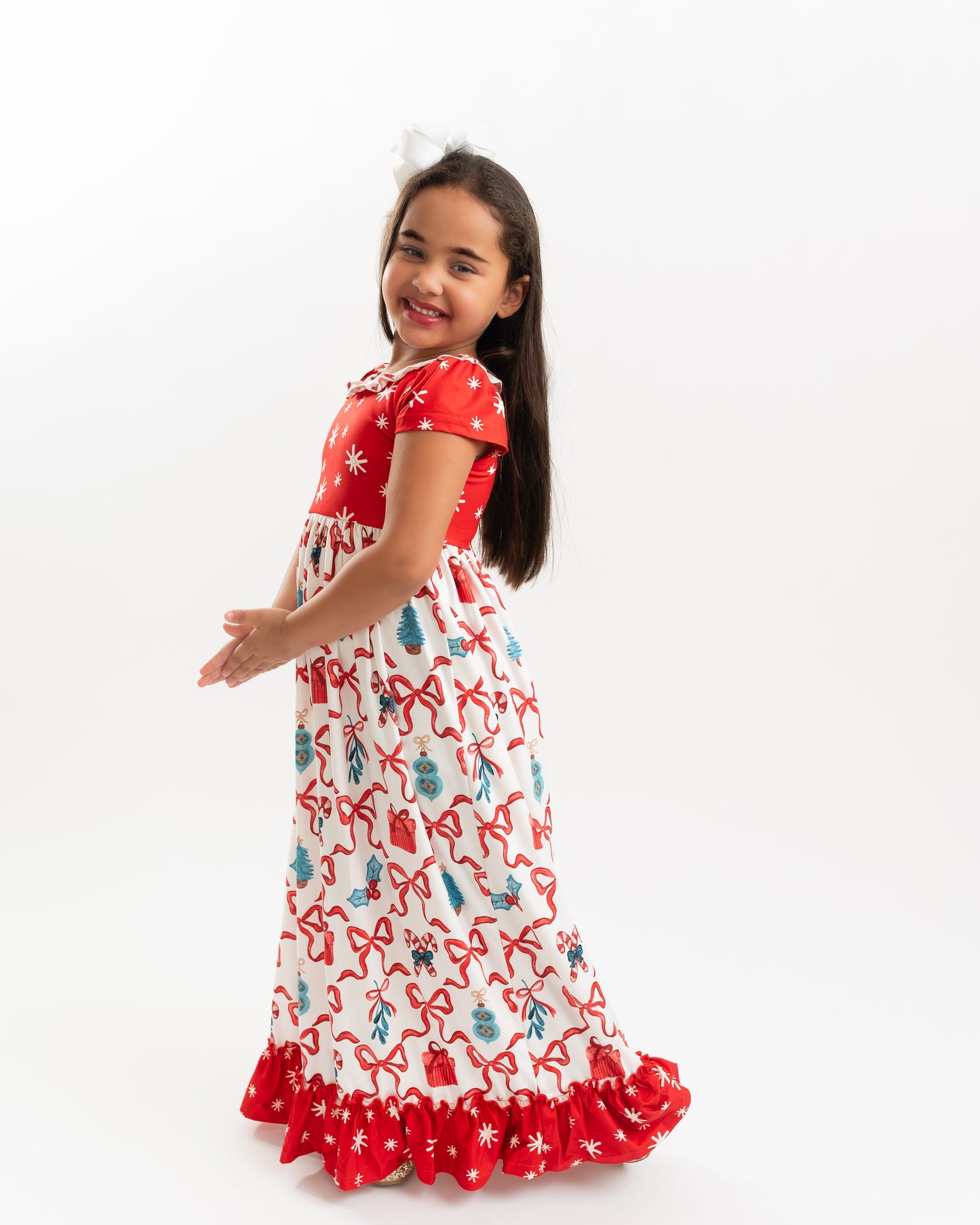 Kids Red Christmas Bow Holiday Ruffle Lounge Play Gown