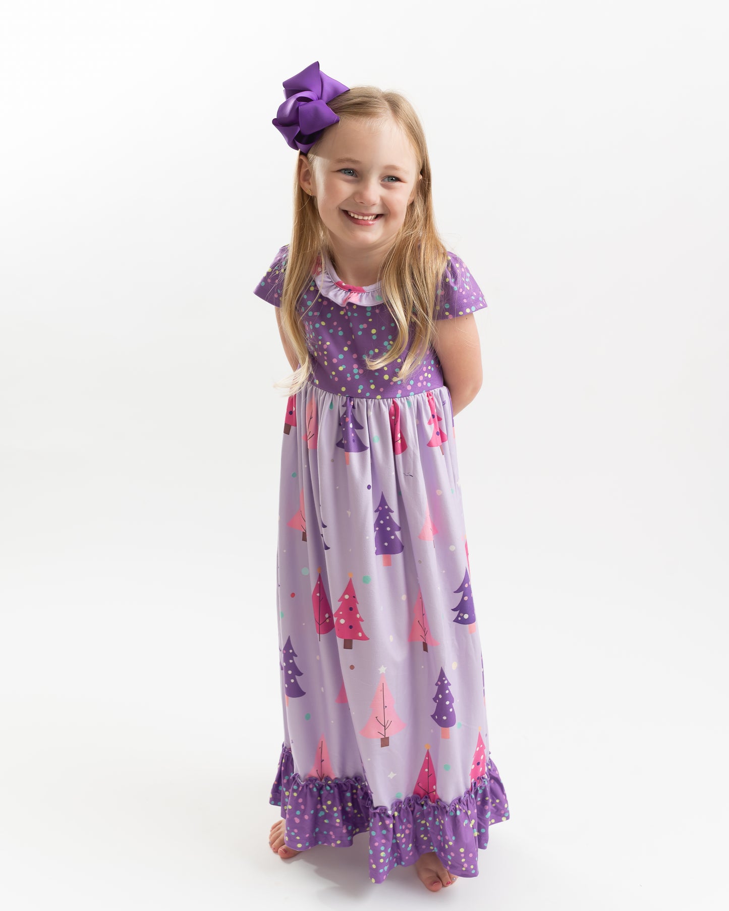 Girls Purple Christmas Tree Holiday Ruffle Lounge Play Gown