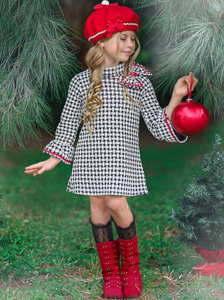 Plaid Mitzi Turtleneck Dress w/ Shoulder Bow & Ruffle Cuffs