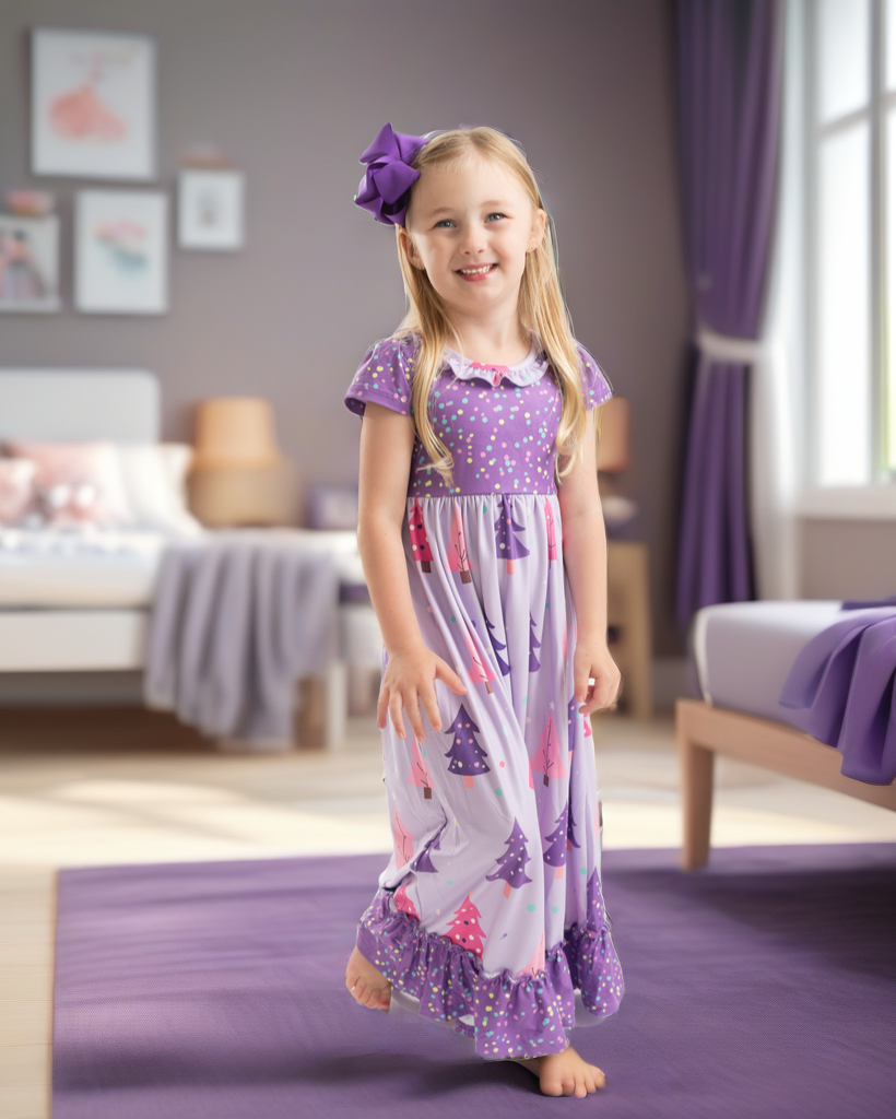 Girls Purple Christmas Tree Holiday Ruffle Lounge Play Gown