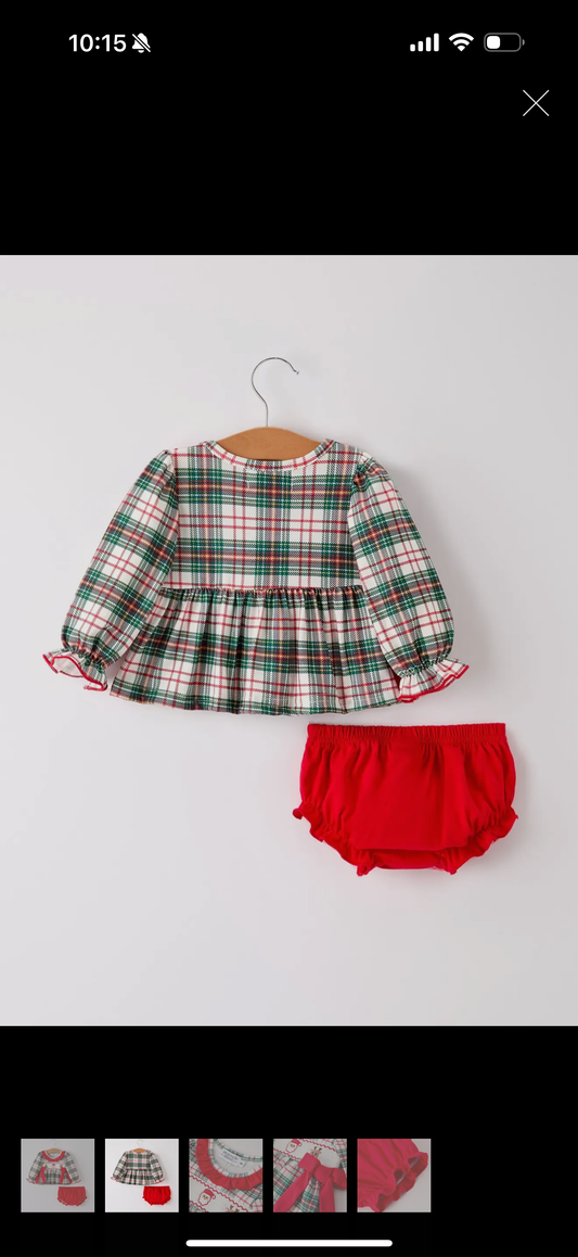 Christmas plaid smocking, embroidered girls bloomers romper set
