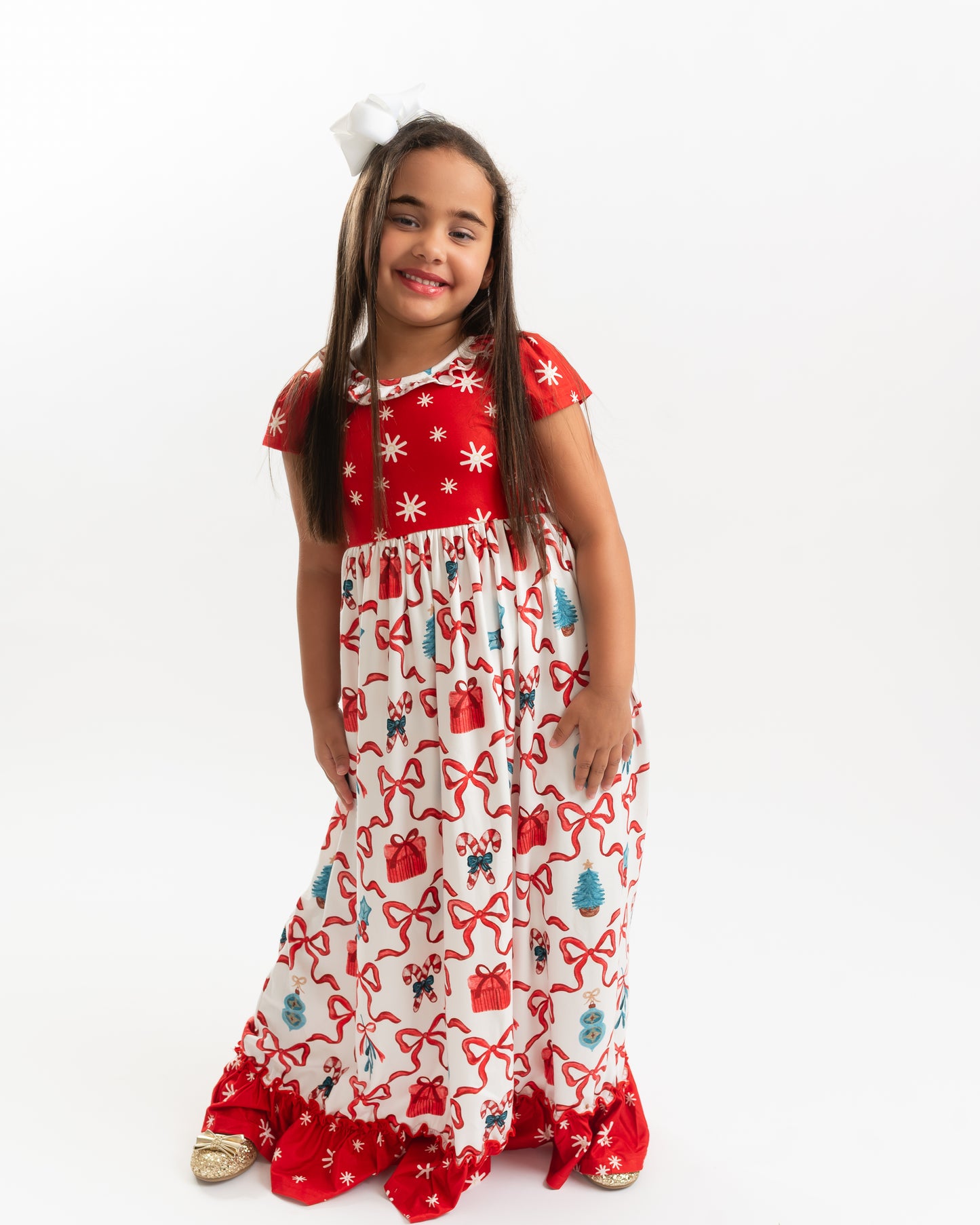 Kids Red Christmas Bow Holiday Ruffle Lounge Play Gown