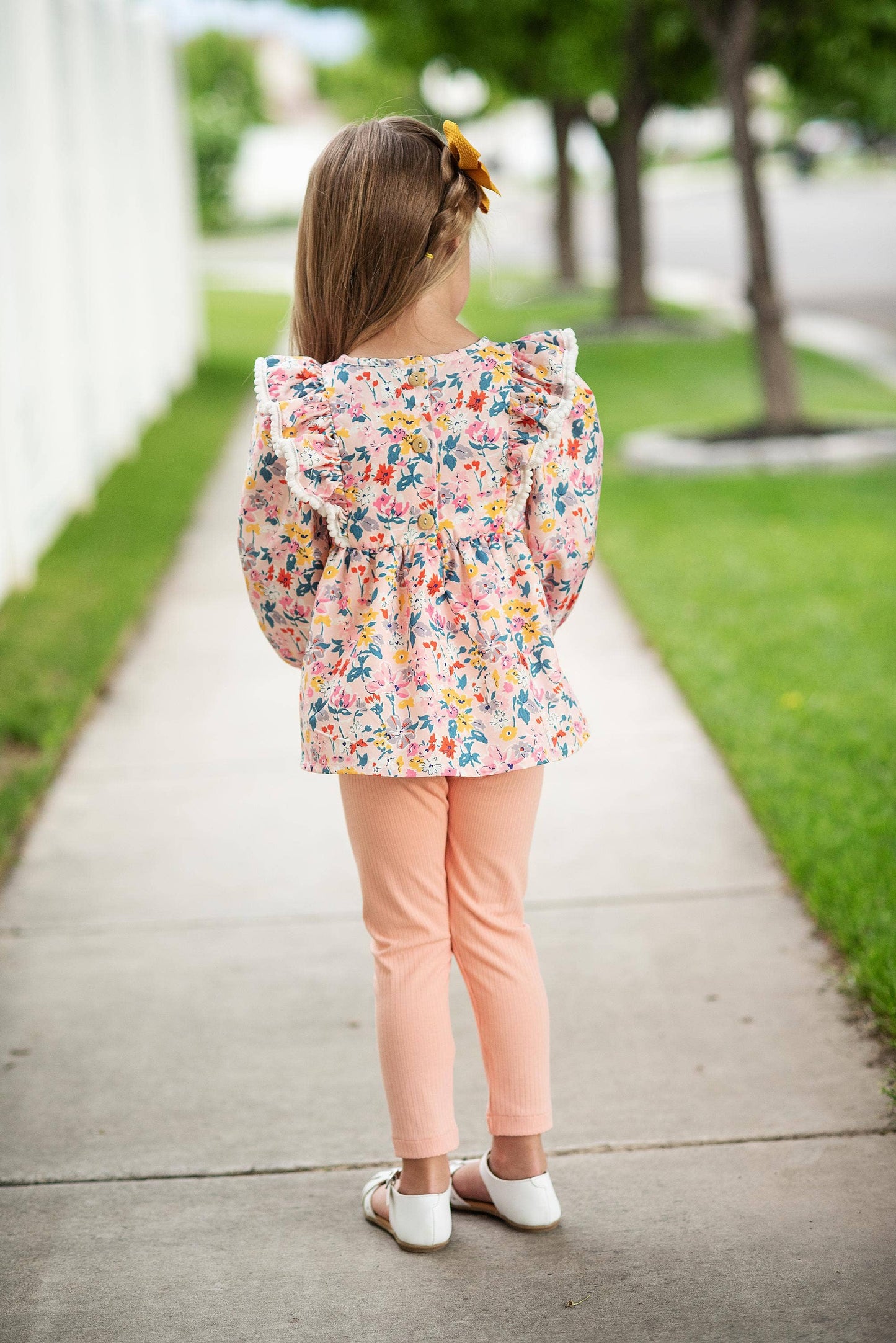 Last One: Girls Peachy Spring Floral Ruffle Two Piece Button Back Set