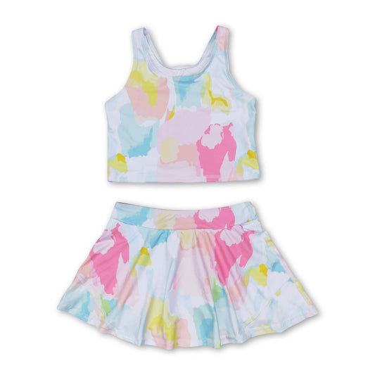 Sleeveless pink flower top skirt girls summer clothes