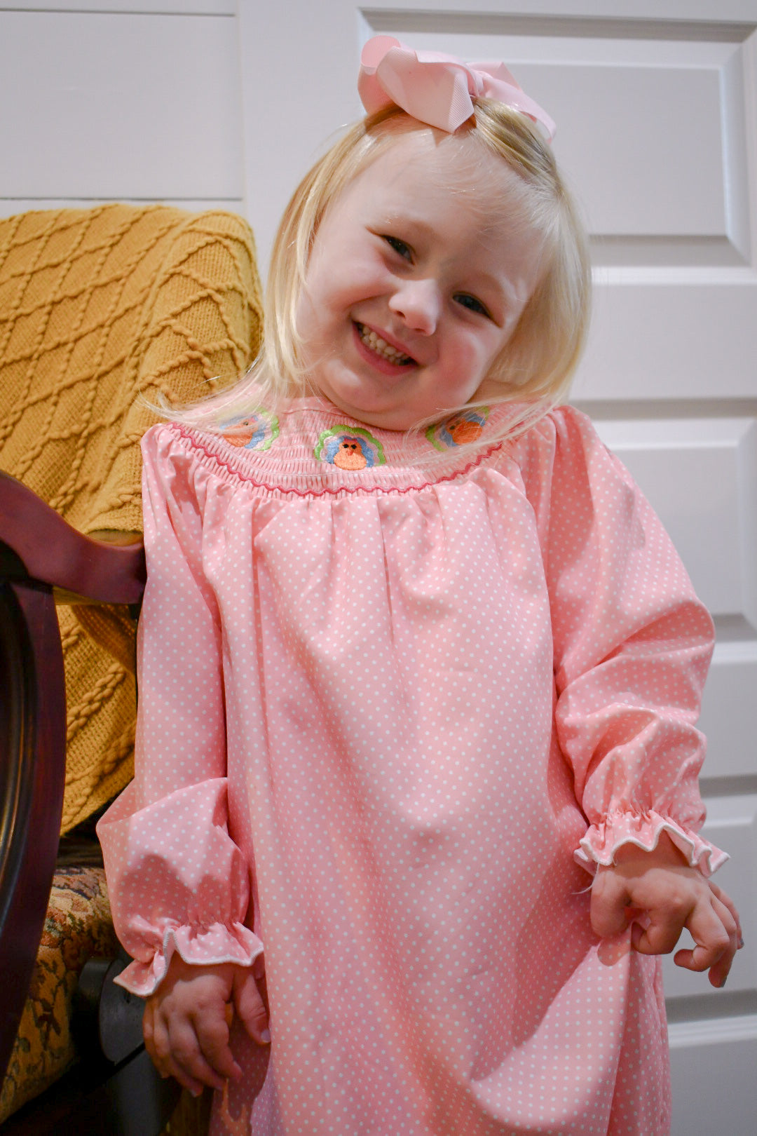 Last One: Girls Dress Pink Turkey Smocked Dress