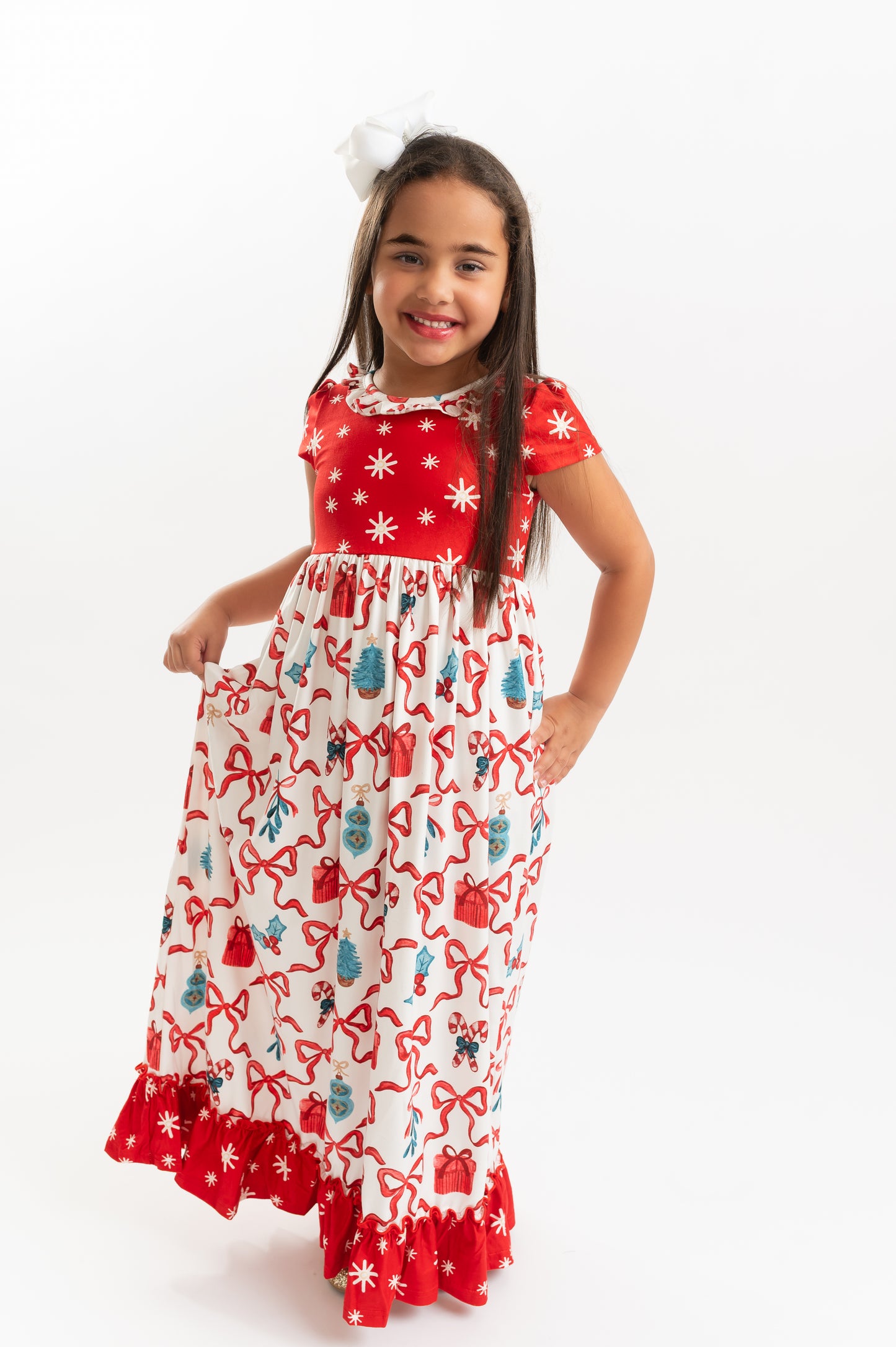 Kids Red Christmas Bow Holiday Ruffle Lounge Play Gown