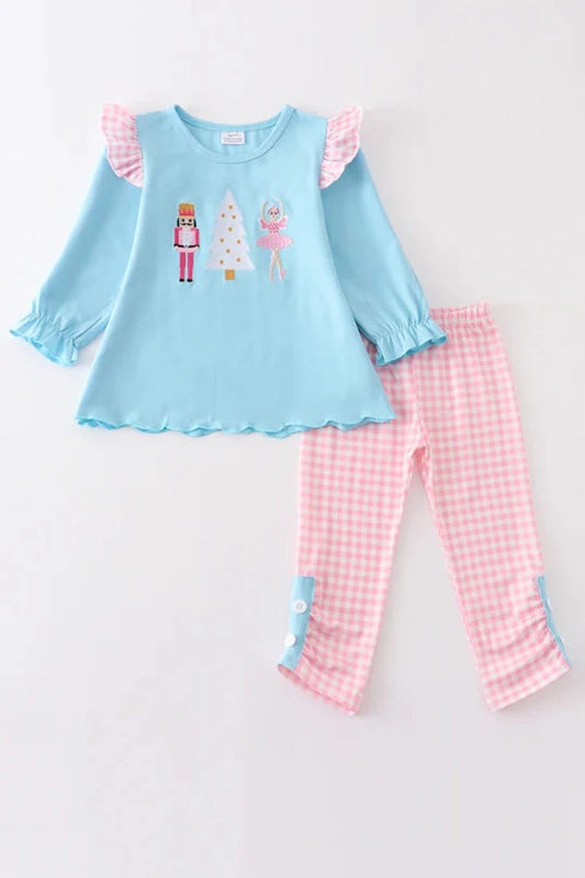 Christmas Blue Nutcracker Christmas Tree Embroidery Girl Pant Set