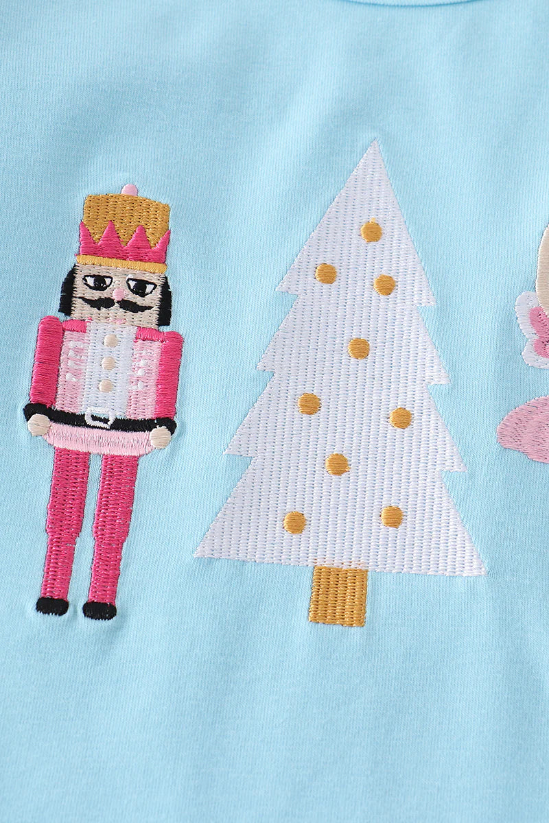 Christmas Blue Nutcracker Christmas Tree Embroidery Girl Pant Set