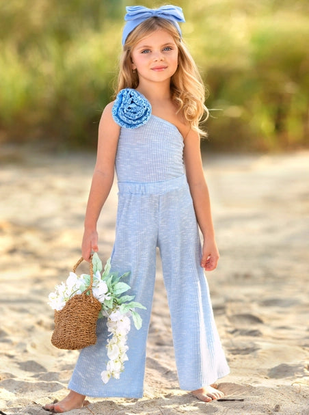 Girls Darling Bloom One Shoulder Blue Palazzo Pants Set