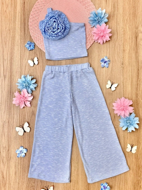 Girls Darling Bloom One Shoulder Blue Palazzo Pants Set