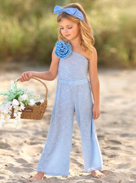 Girls Darling Bloom One Shoulder Blue Palazzo Pants Set