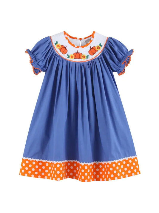 Girls Blue Pumpkin Sunflower Smocked Bishop Dress