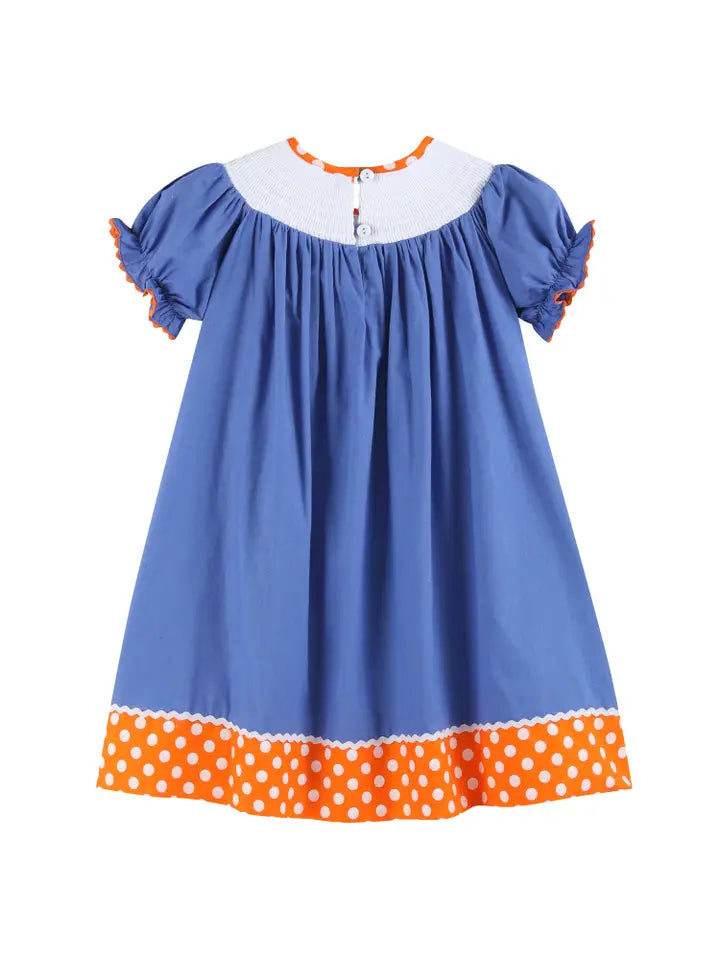 Girls Blue Pumpkin Sunflower Smocked Bishop Dress