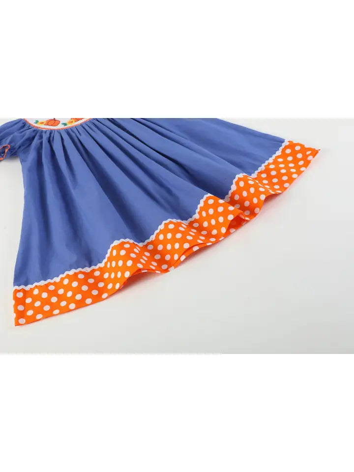 Girls Blue Pumpkin Sunflower Smocked Bishop Dress