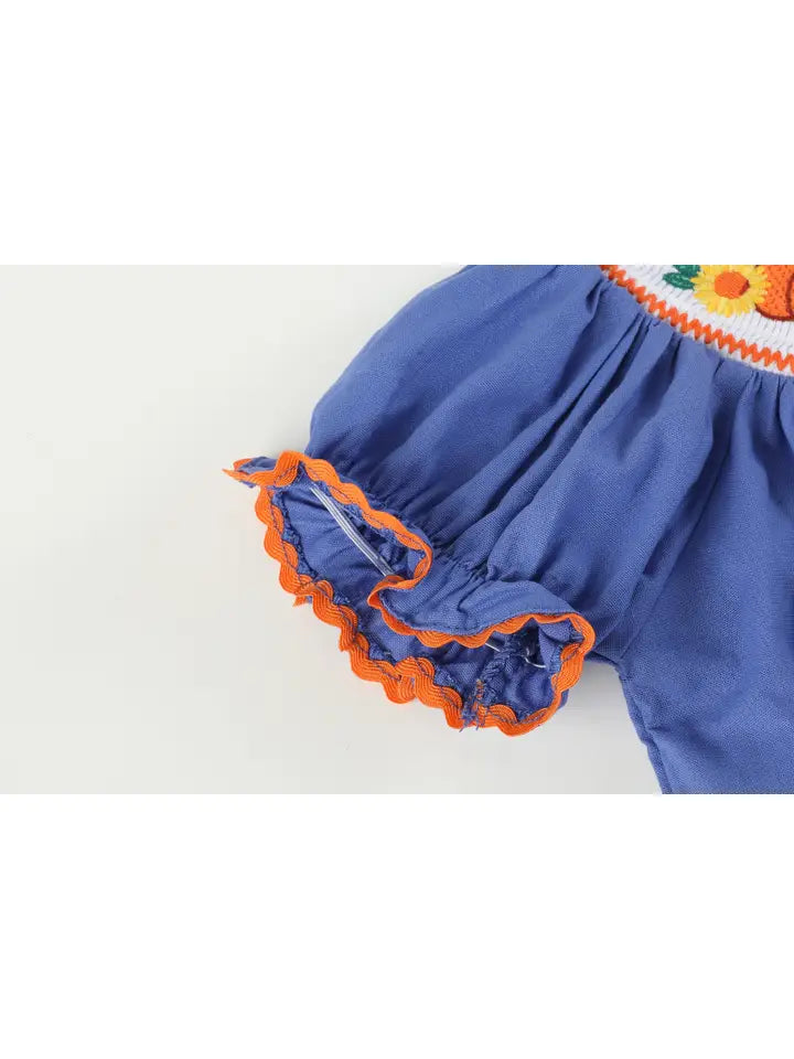 Girls Blue Pumpkin Sunflower Smocked Bishop Dress