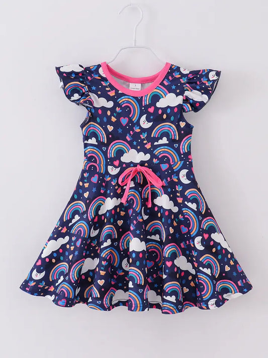 Girls Blue Rainbow Cloud Ruffle Twirl Dress