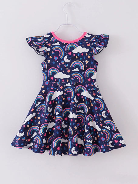 Girls Blue Rainbow Cloud Ruffle Twirl Dress