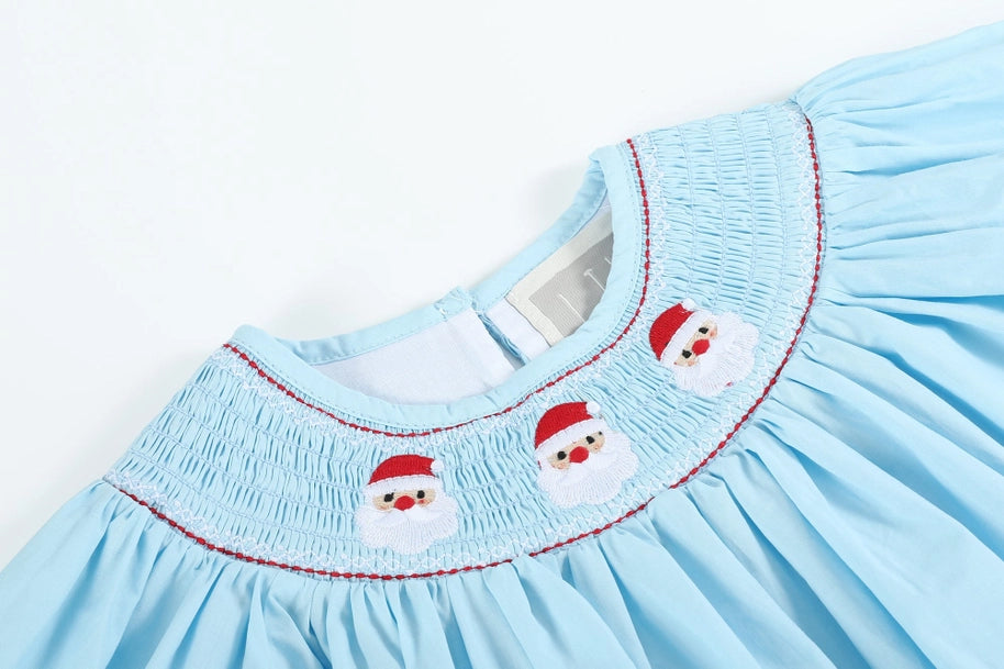 Christmas Blue Santa Smocked Bishop Dress