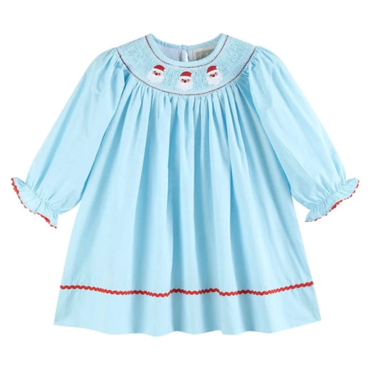 Christmas Blue Santa Smocked Bishop Dress