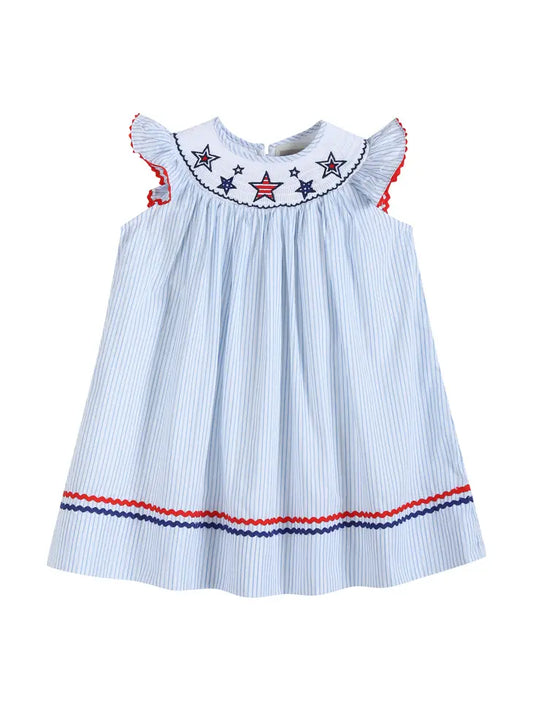 Girls Blue Striped July 4th Stars Bishop Dress