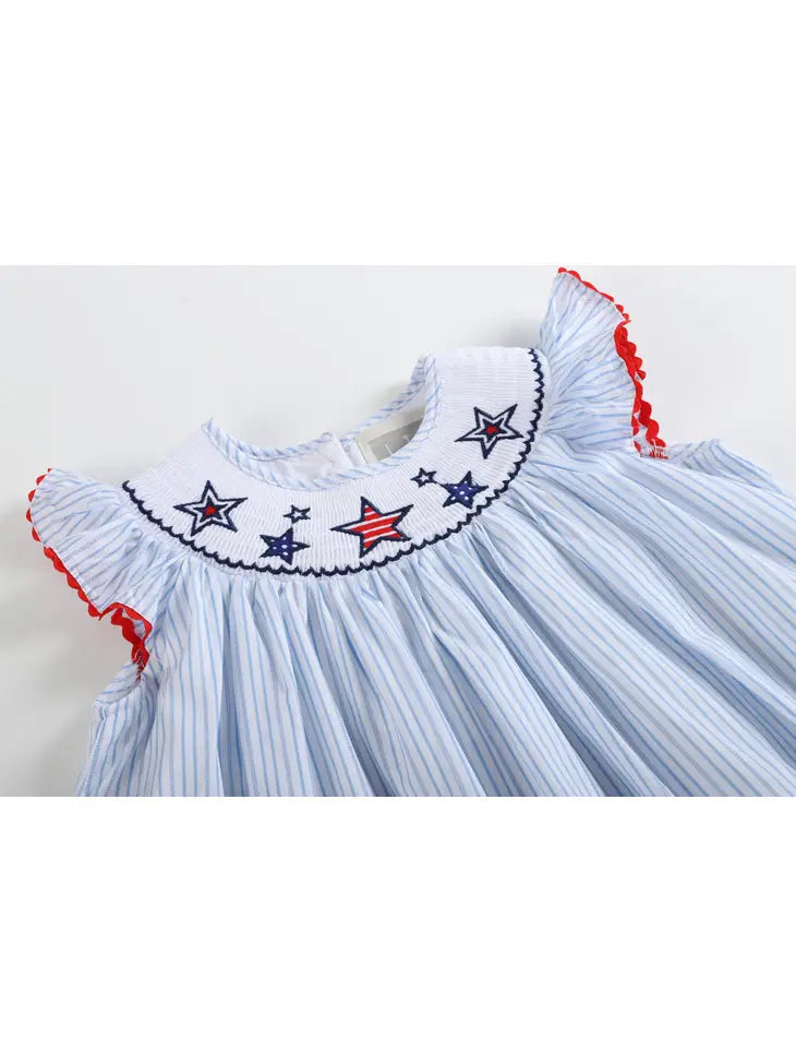 Girls Blue Striped July 4th Stars Bishop Dress