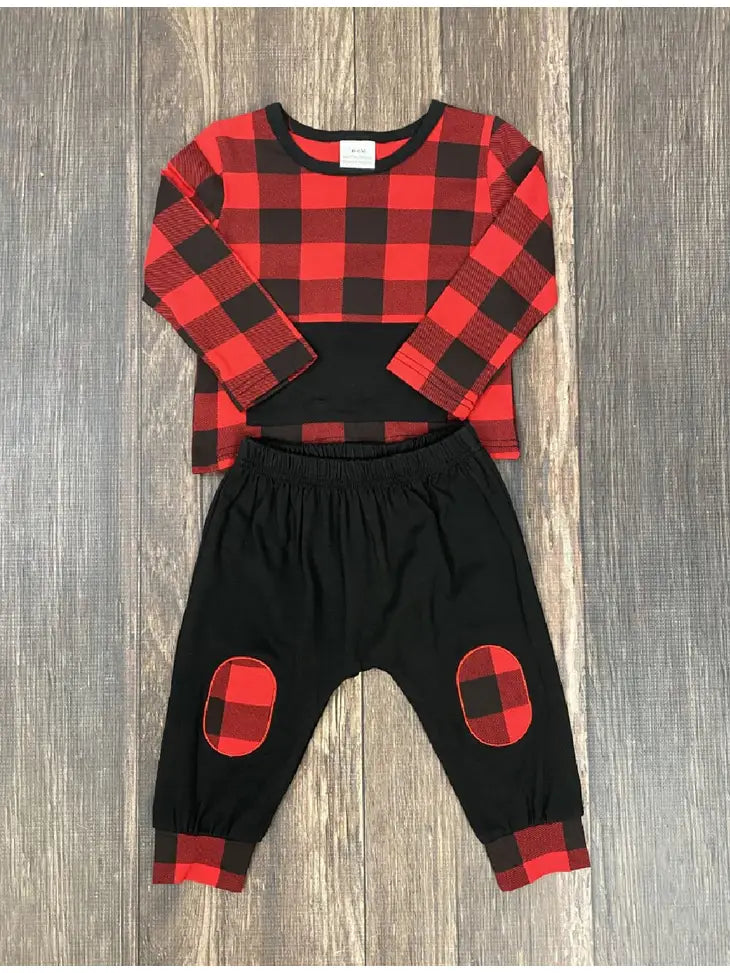 Boys Comfy Red Buffalo Plaid Jogger Set