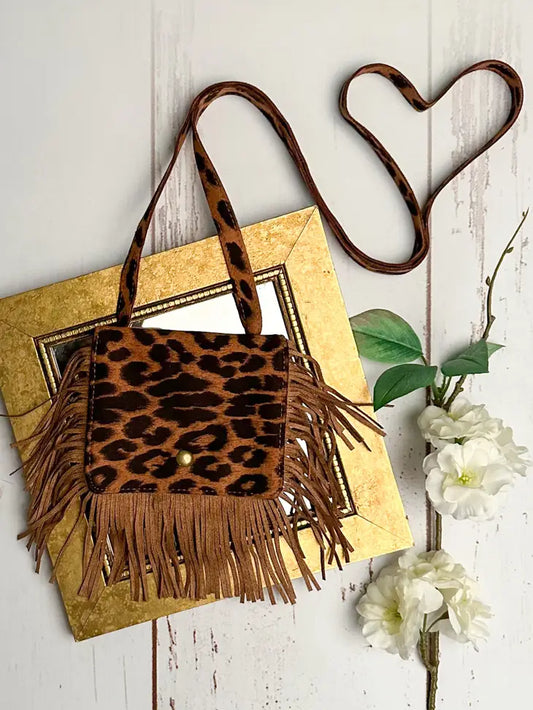 Purse Brown Leopard Fringe Flap Crossbody For Girls