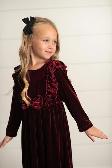 Dress Burgundy Wine Velvet Bow Ruffle