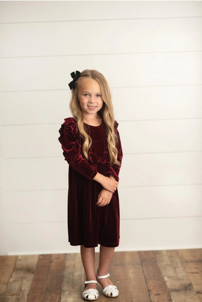 Dress Burgundy Wine Velvet Bow Ruffle