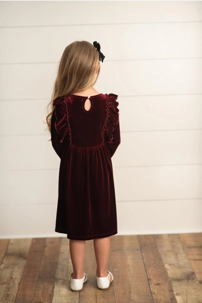 Dress Burgundy Wine Velvet Bow Ruffle