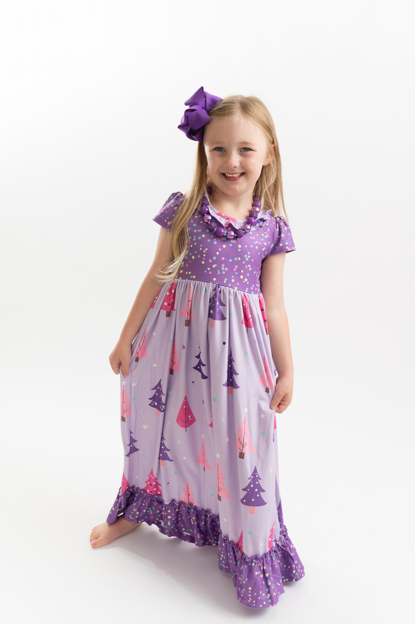 Girls Purple Christmas Tree Holiday Ruffle Lounge Play Gown