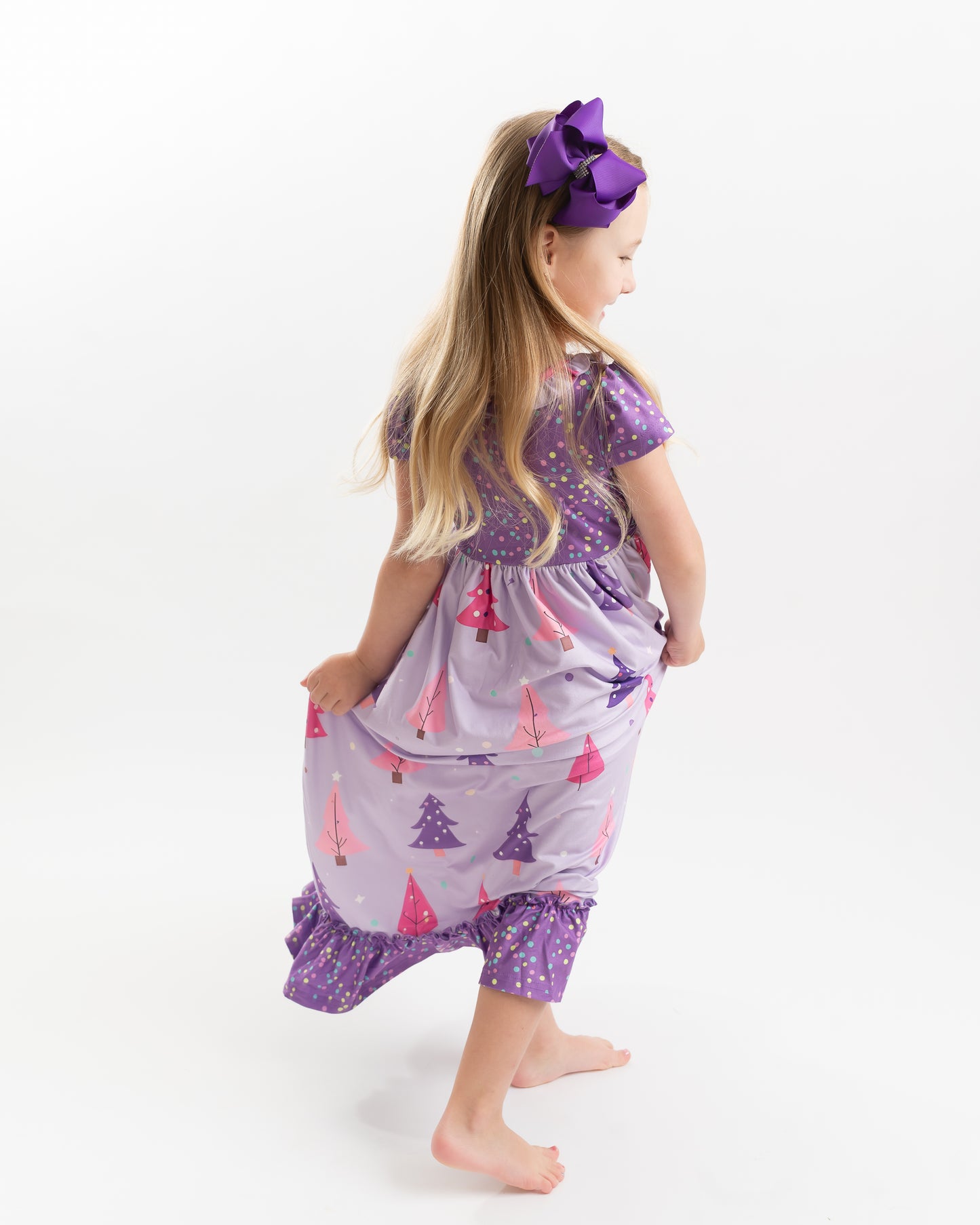 Girls Purple Christmas Tree Holiday Ruffle Lounge Play Gown