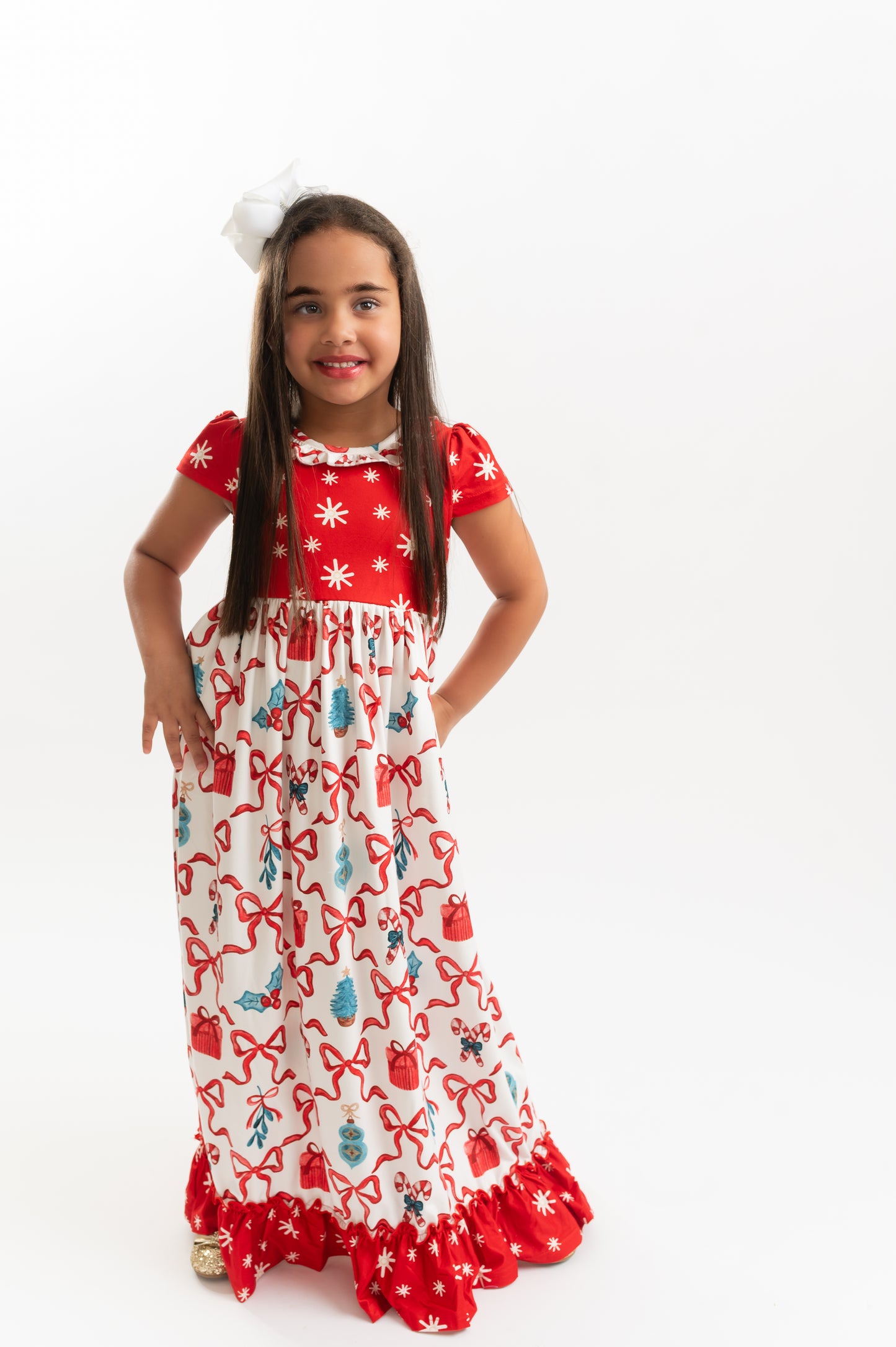 Kids Red Christmas Bow Holiday Ruffle Lounge Play Gown