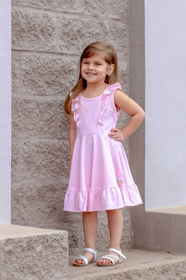 Girls Light Pink Dot Carmen Dress