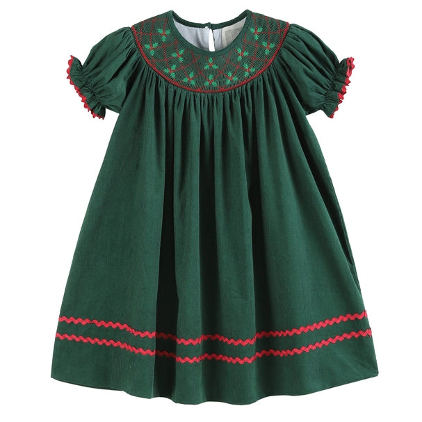 Christmas Green Mistletoe Smocked Bishop Dress