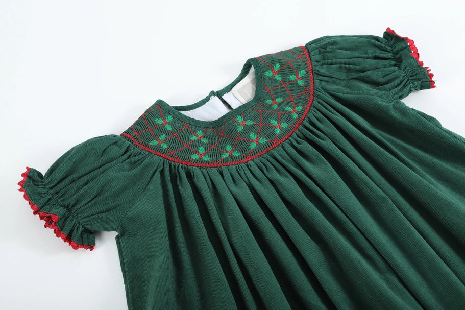 Christmas Green Mistletoe Smocked Bishop Dress