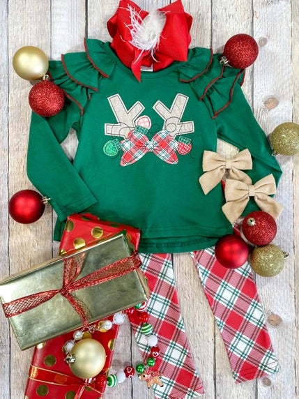 Christmas Green Ruffle Top Antler & Lights with Plaid Pants Set