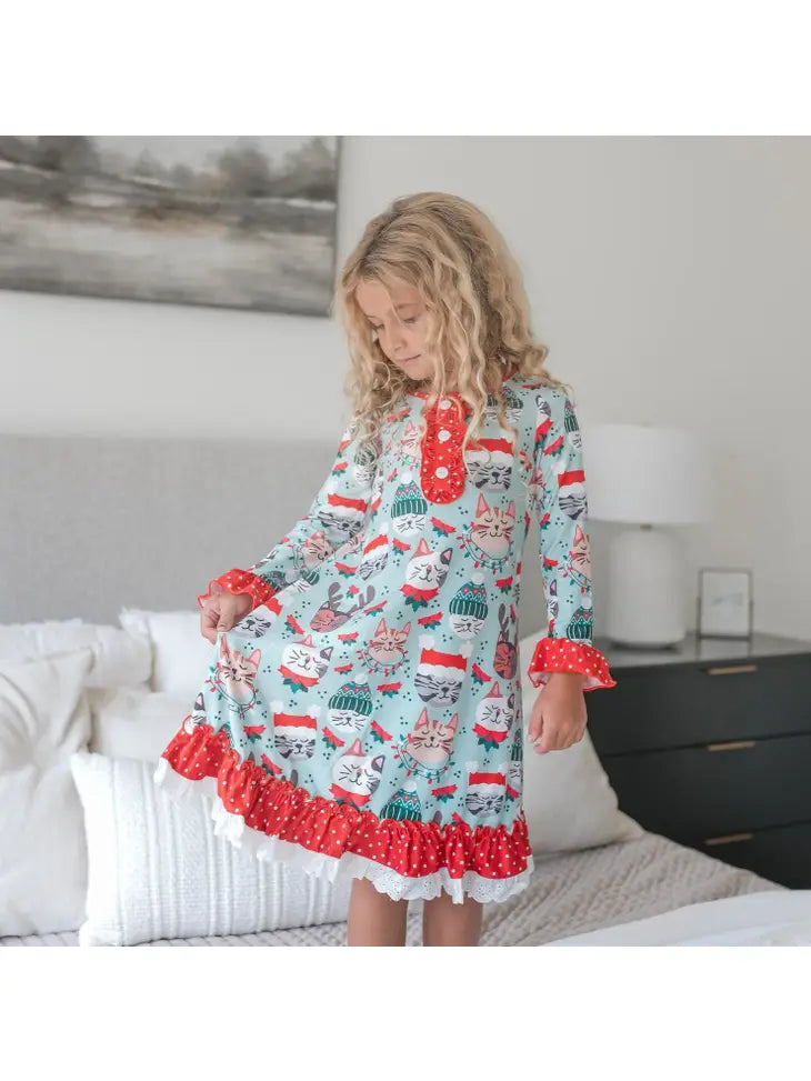 Christmas Kids Cat Print Ruffle Knee-Length Lounge Gown