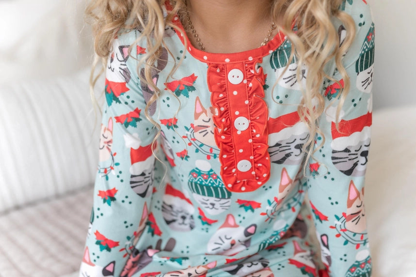 Christmas Kids Cat Print Ruffle Knee-Length Lounge Gown