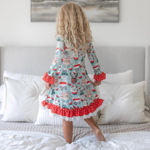 Christmas Kids Cat Print Ruffle Knee-Length Lounge Gown