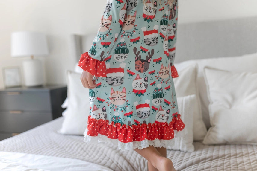 Christmas Kids Cat Print Ruffle Knee-Length Lounge Gown