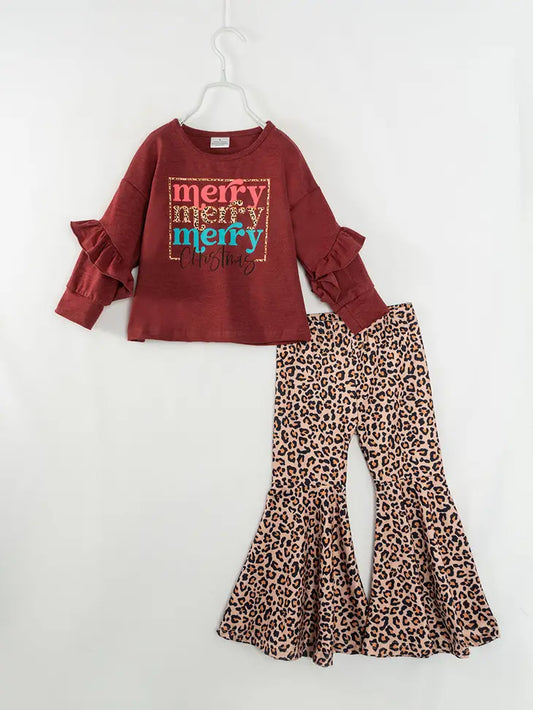 Christmas Merry Leopard Ruffle Girl Bell Pant Set