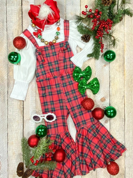 Christmas Perfection Plaid Romper & Ribbed Shirt Set