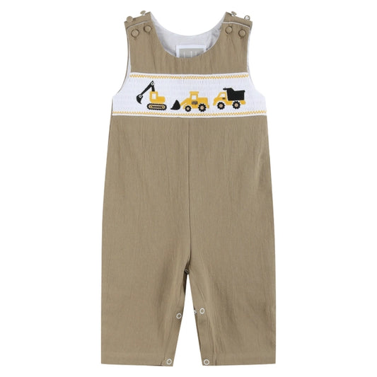 Boys Brown Construction Smocked Overalls