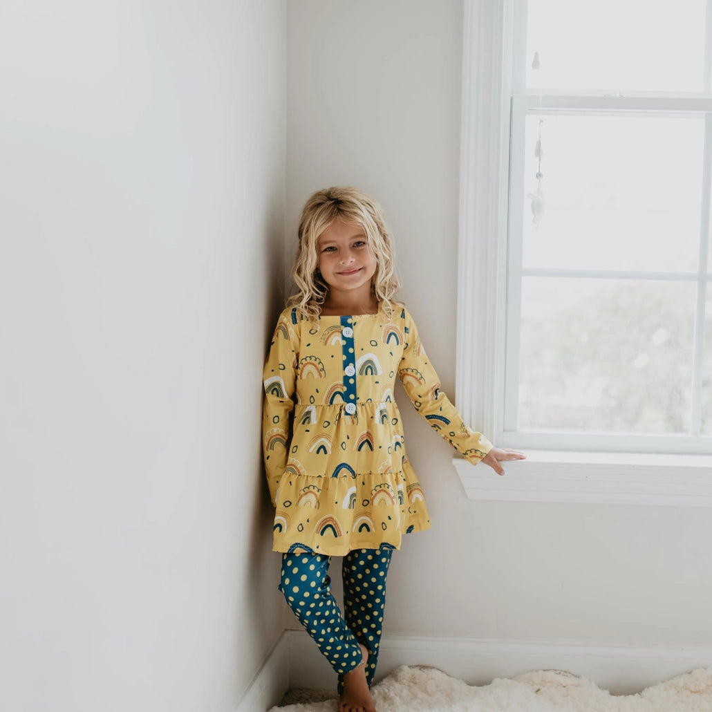 Girls Mustard Rainbow Polka Dot Fall Two Piece Button Pant Set